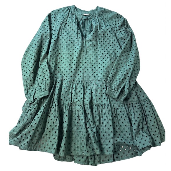 ASOS Green Eyelet Tiered Babydoll Mini Dress Long Sleeve Tie Neck Cotton Size 4 - Picture 4 of 10